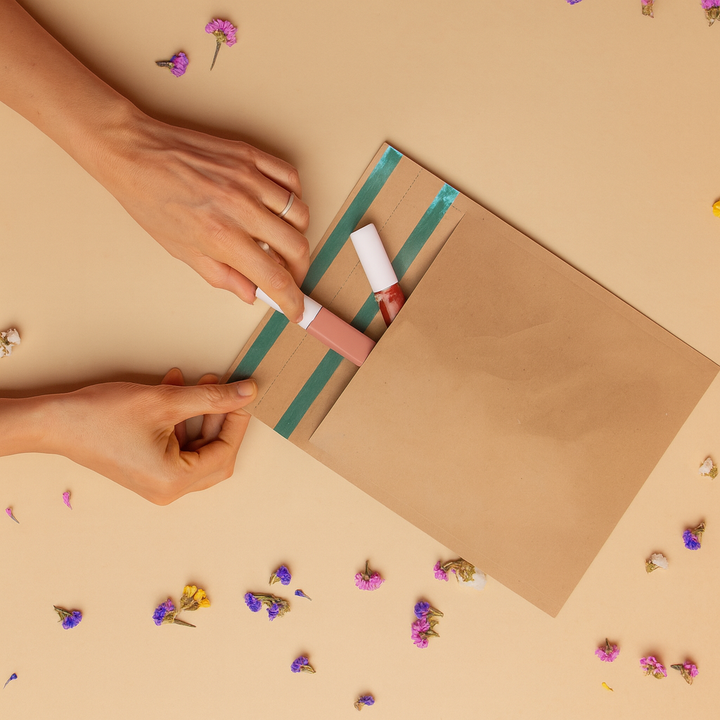 Sobre ecommerce kraft con cierre adhesivo utilizado para envío de productos de cosmética.
