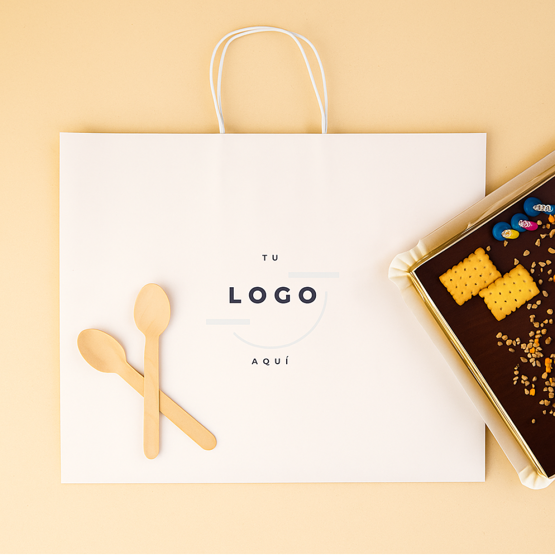 Bolsas de papel blancas de base ancha con una tarta al lado