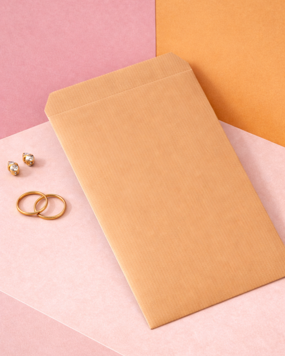 Sobres de papel kraft con lápices de colores alrededor