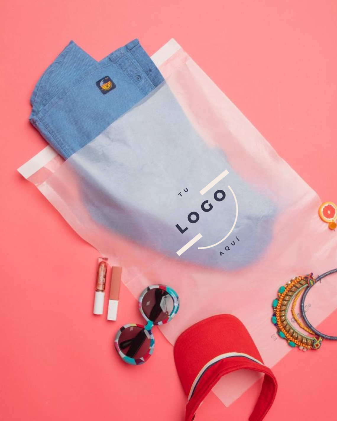 sobres de papel transparente con una chaqueta vaquera y gorro y joyas alredecor