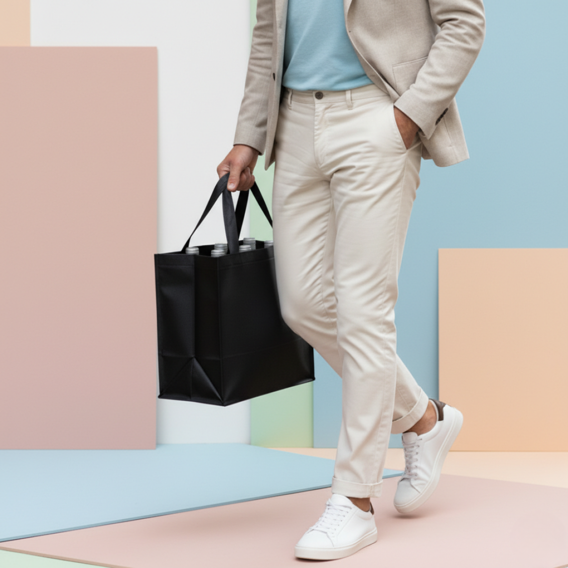 Bolsas de tela junto a 6 botellas de vino