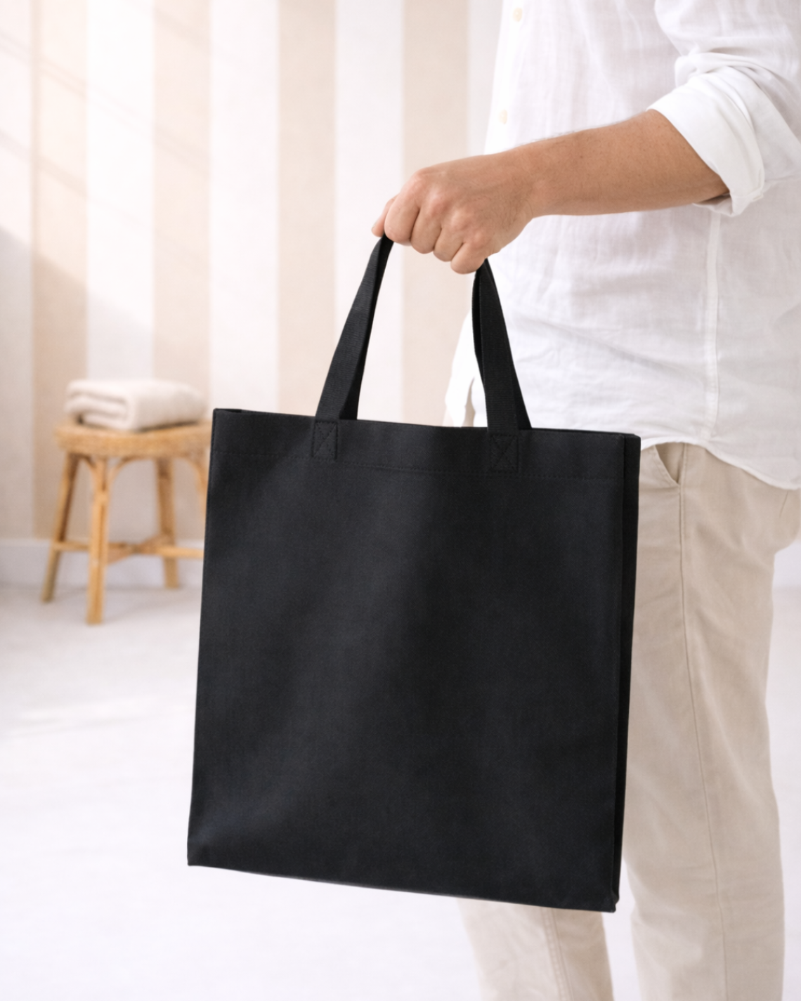 Bolsas de tela horizontales negras sujetadas por un hombre