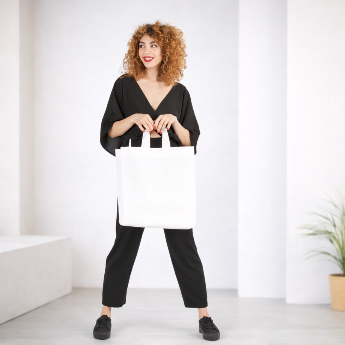 Bolsa plegable de tela con corchete blanca 40x40x15