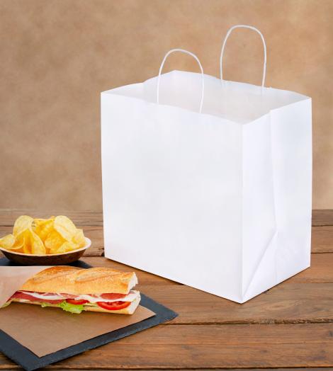 Bolsas de papel ecológico blanco con base ancha Bolsas take away blancas con comida al lado
