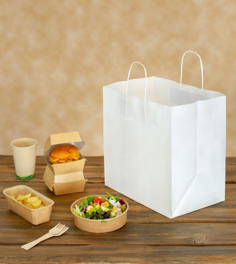 Bolsas de papel para llevar comida con base ancha Bolsas take away blancas con comida al lado