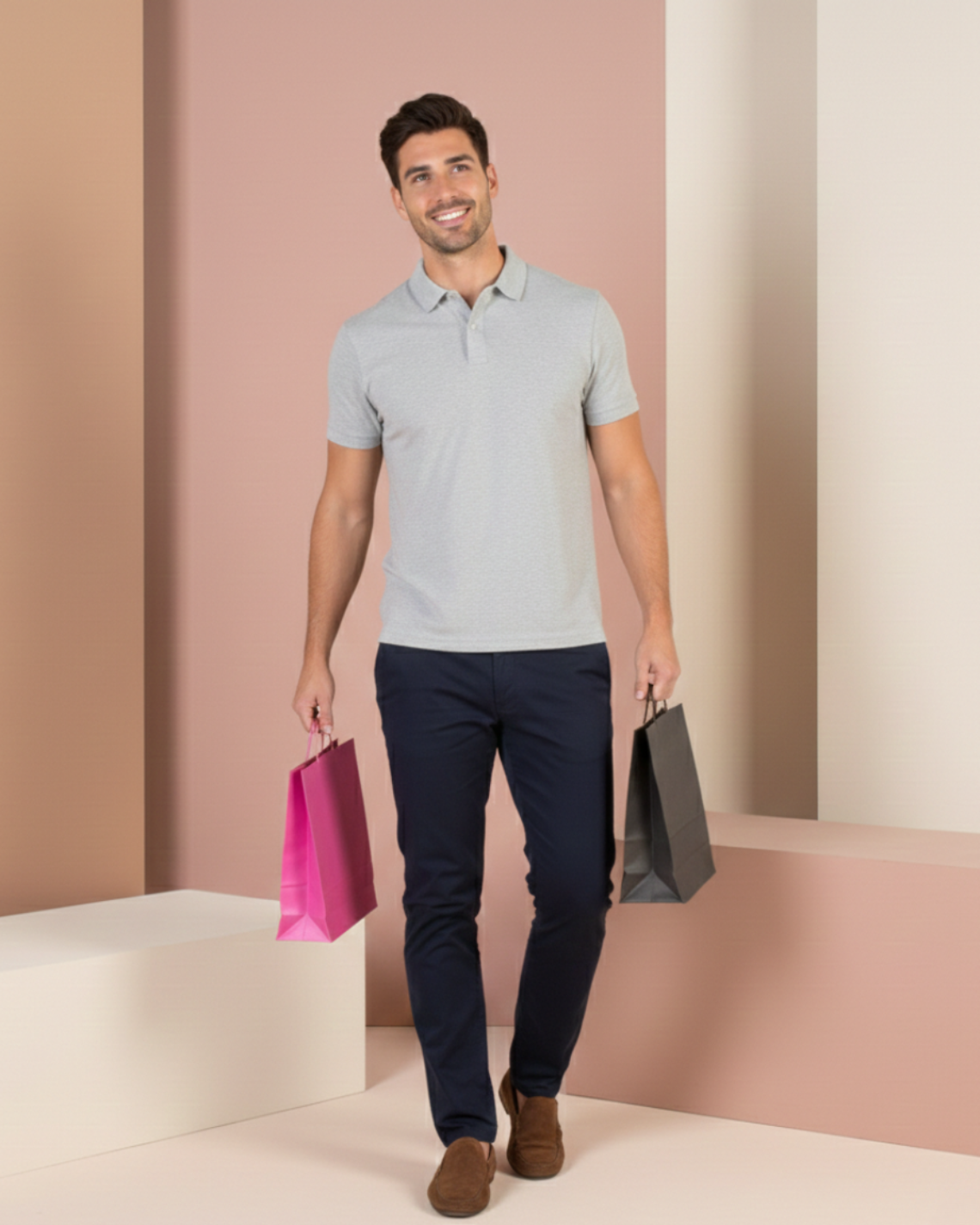 Una mujer sujetando bolsas de papel de color fucsia y negro