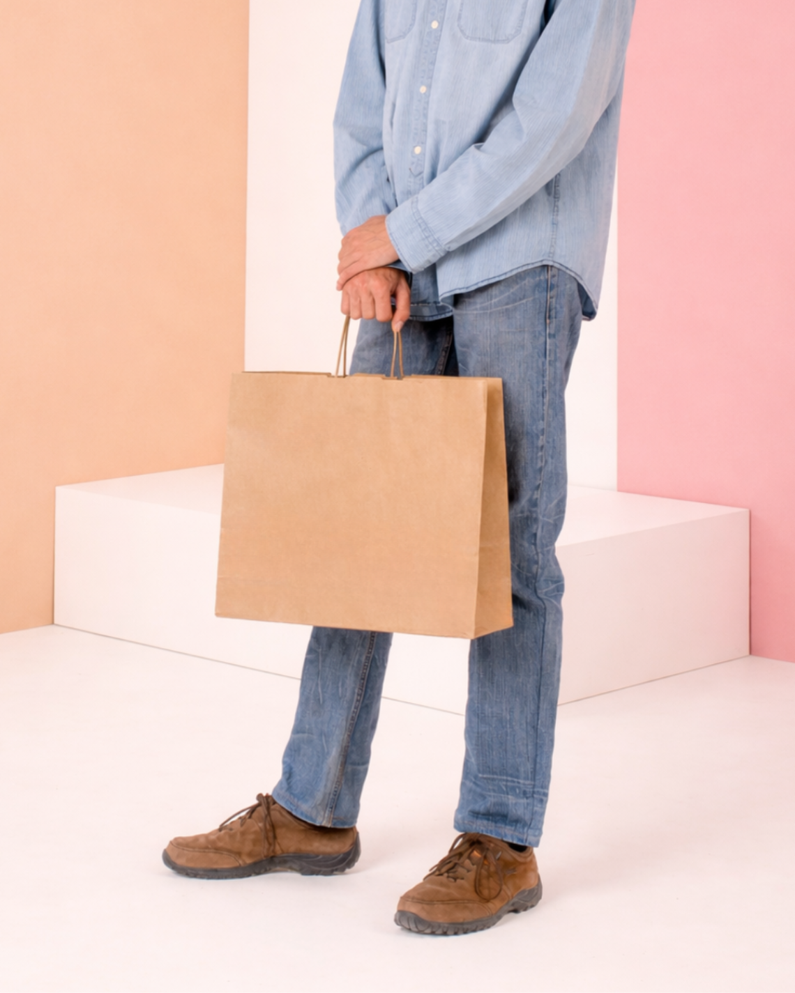 Bolsas de papel kraft de tamaño mediano sujetadas por un hombre