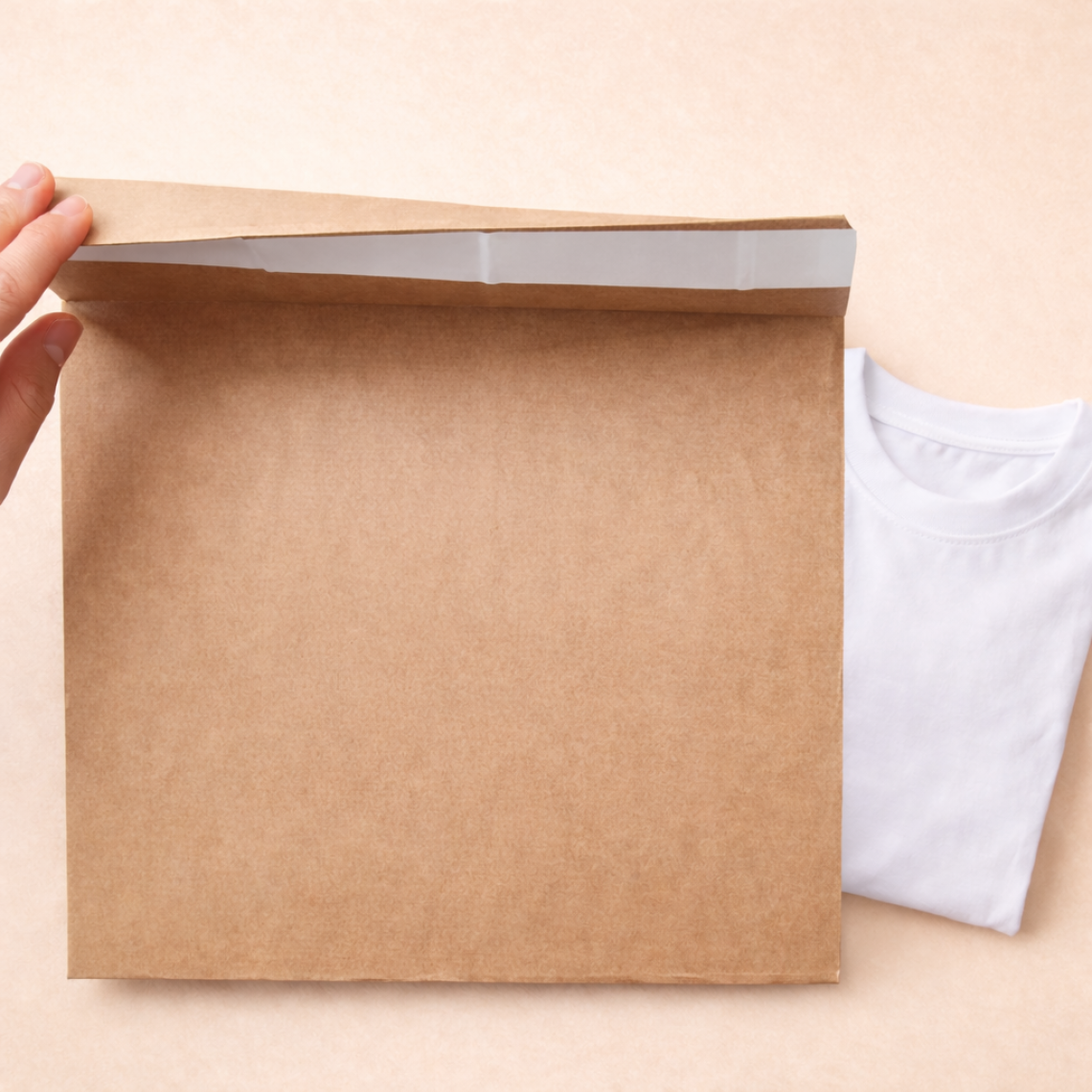 Sobre kraft con una camiseta al lado