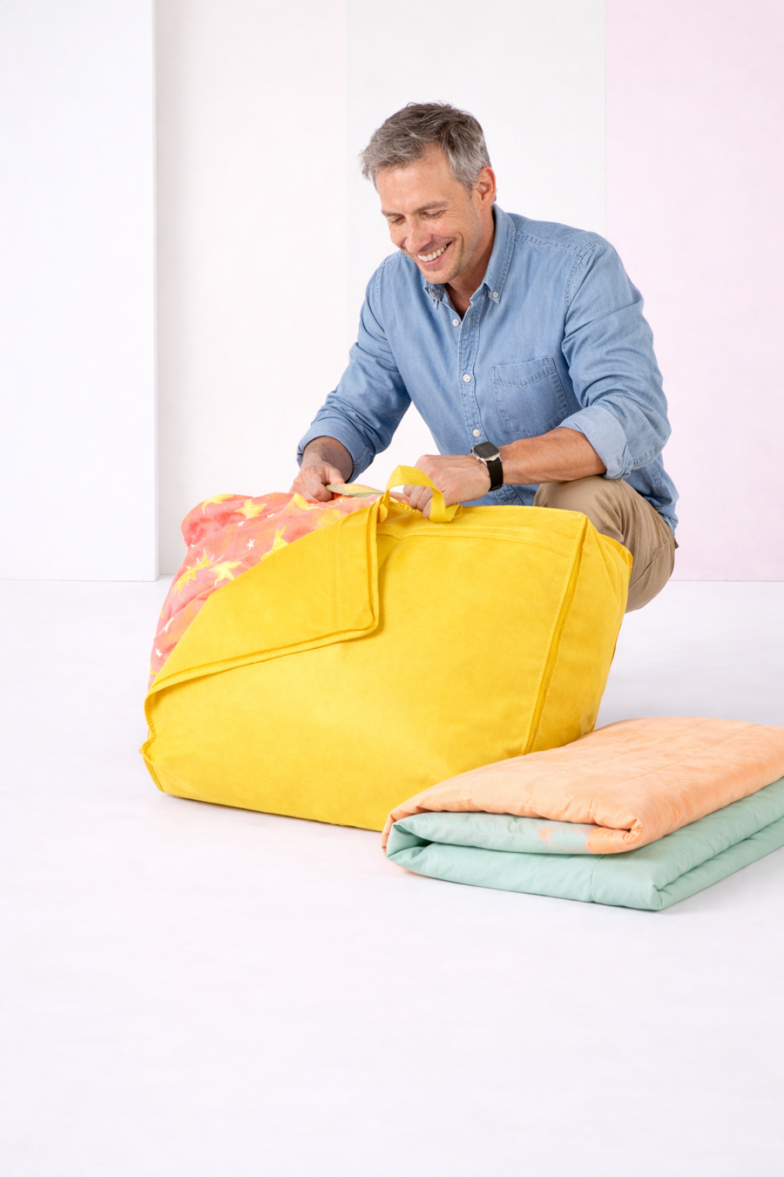 Bolsa para guardar edredón con asas de color turquesa 55x45x15