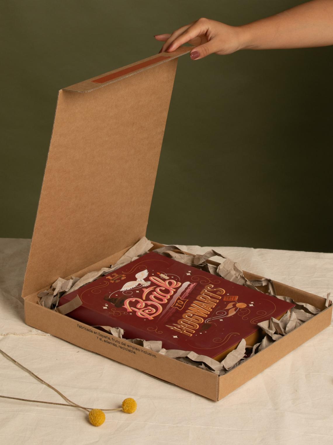 Caja automontable de cartón kraft abierta con libro en su interior y relleno de papel reciclado. Incluye cierre adhesivo y mensaje de fabricación inclusiva. Packaging sostenible hecho en España por Bolsalea.