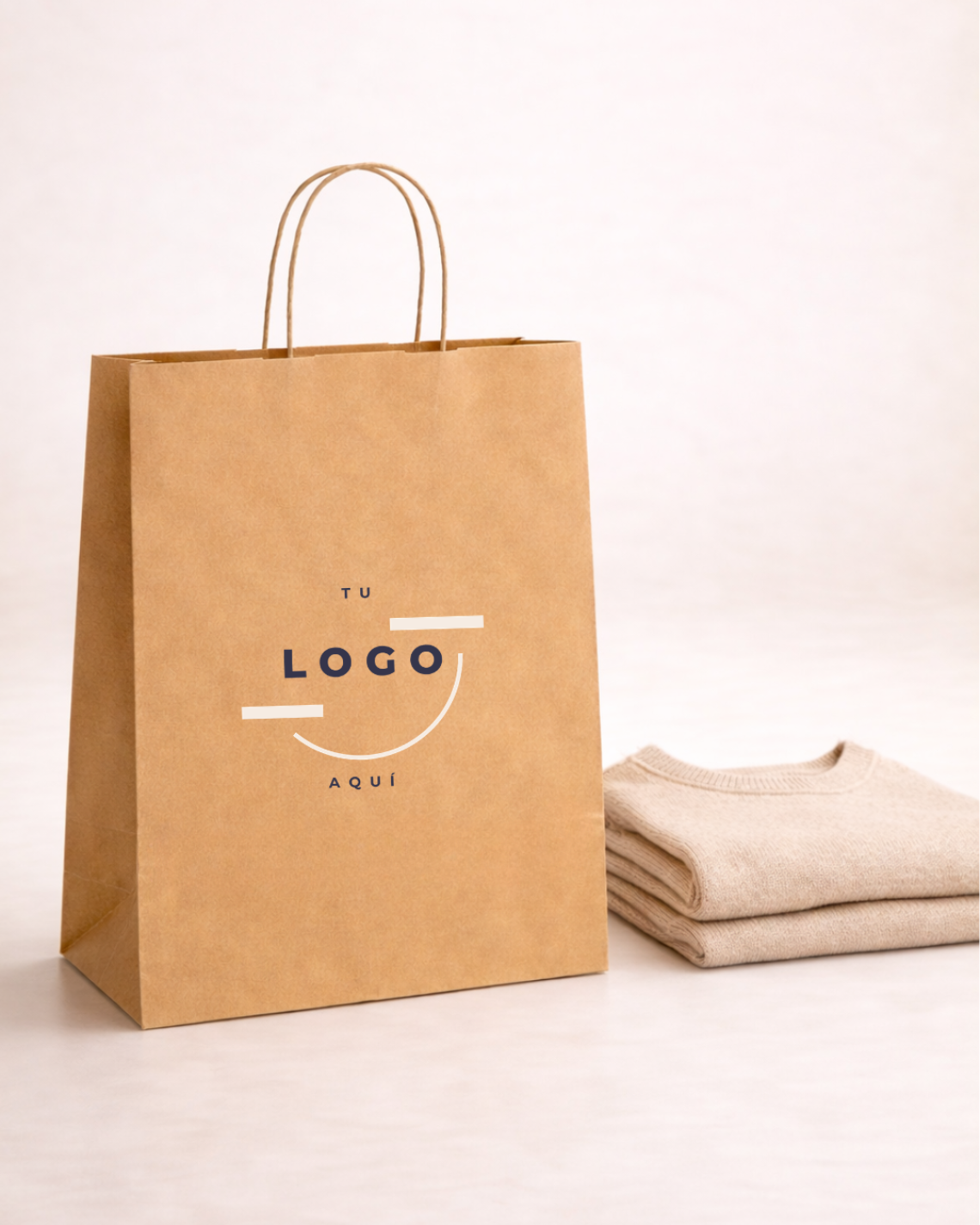 Bolsa de papel kraft color habana con asas retorcidas, ideal para packaging sostenible y tiendas, sobre fondo beige minimalista
