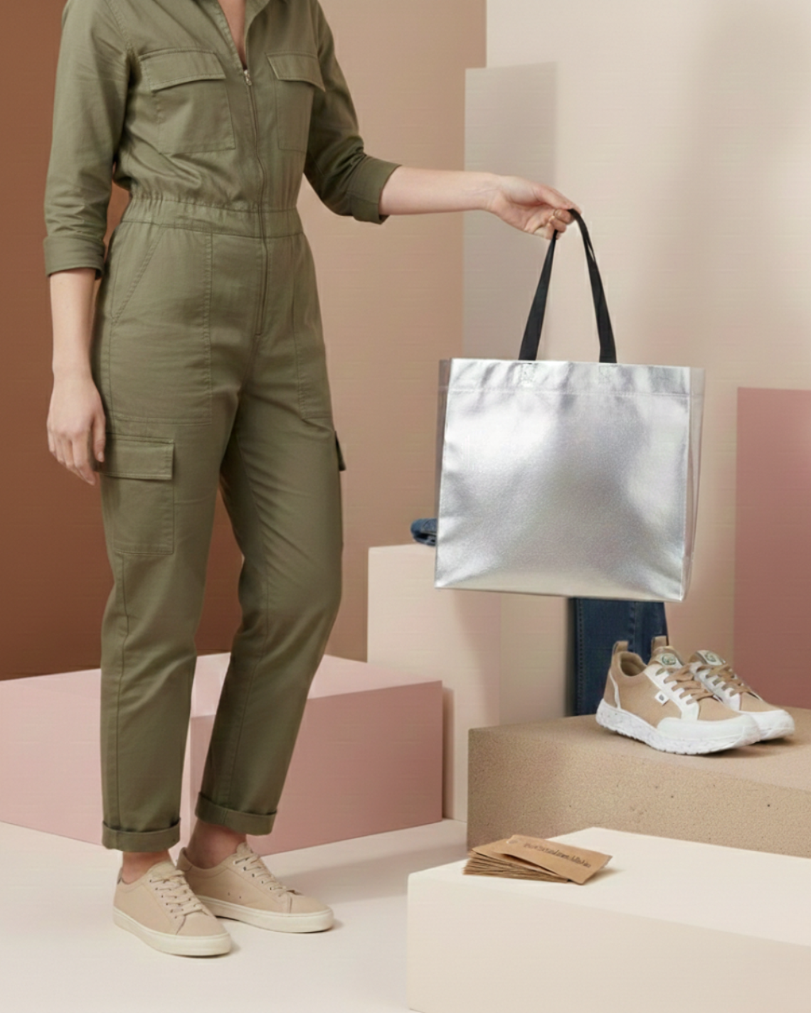 Una mujer sujetando bolsas color plata