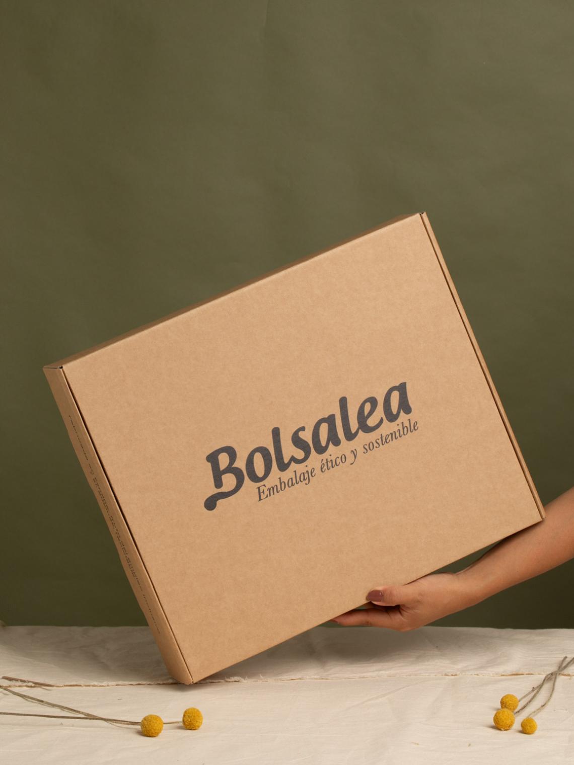 Mano sosteniendo una caja automontable grande de cartón kraft con el logo de Bolsalea y el lema “Embalaje ético y sostenible”. Fabricada en España con materiales reciclables y empleo inclusivo. Si deseas tu caja con separadores interiores, contáctanos.