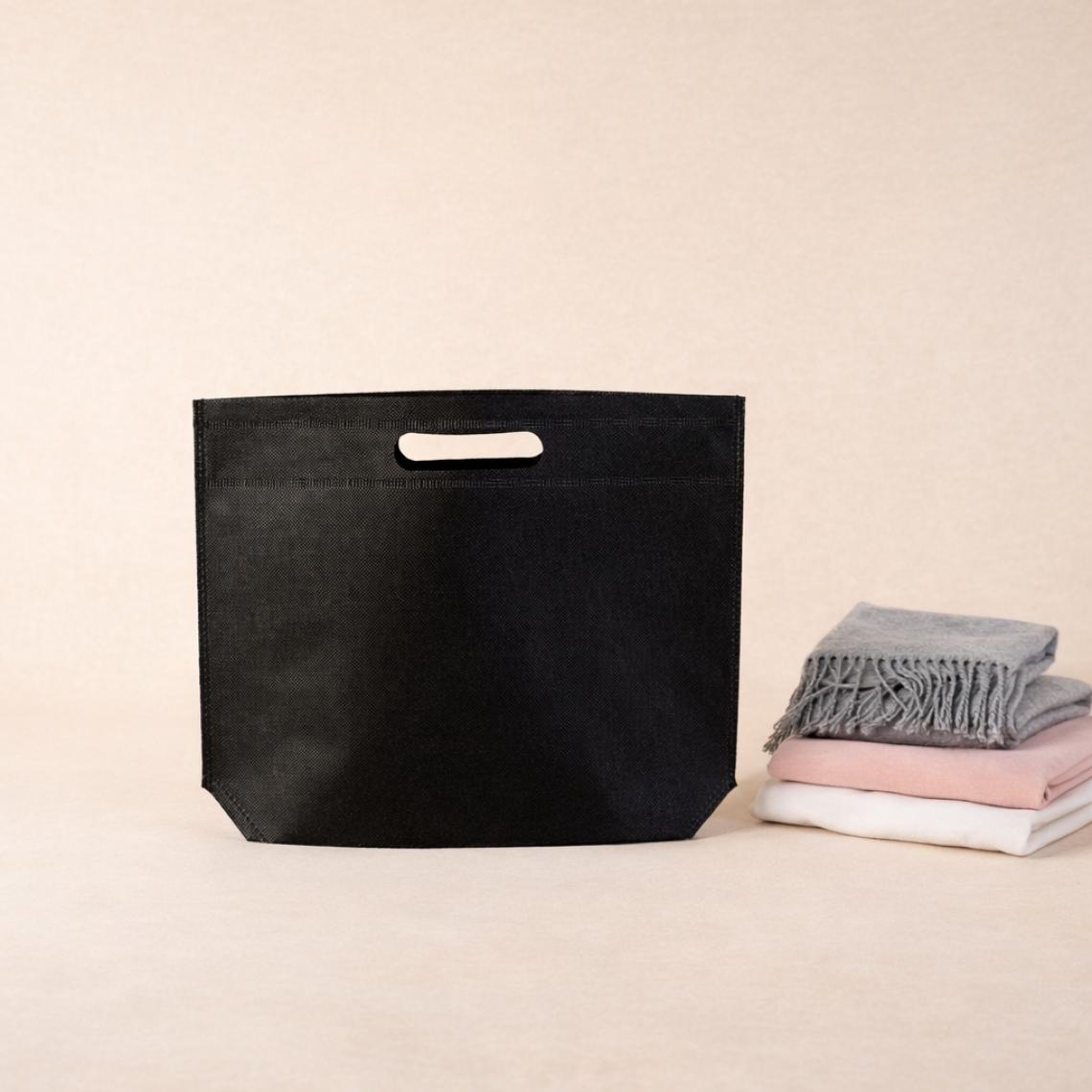 Una mujer sujetando en la mano la bolsa de tela negra con asa troquel