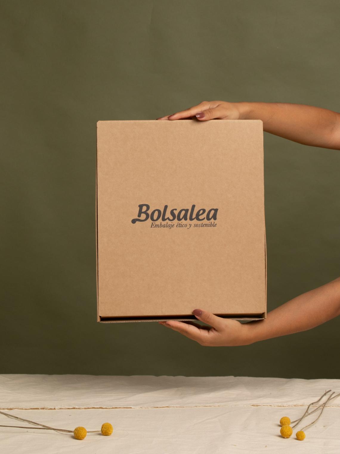 Caja automontable de cartón kraft sostenida por dos manos sobre fondo verde. Embalaje ético y reciclable con logo de Bolsalea, fabricado en España mediante empleo inclusivo.