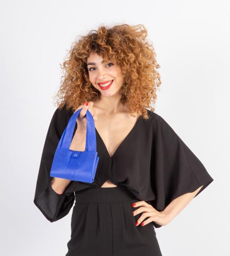 Bolsa con asas plegable de tela con cierre corchete azul 40x40x15